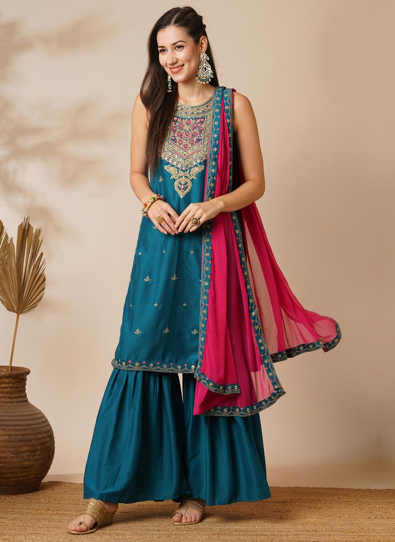 Globus Women Ethnic Motifs Yoke Design Sequinned Straight Kurta With Sharara & Dupatta Festive Set - Image 1